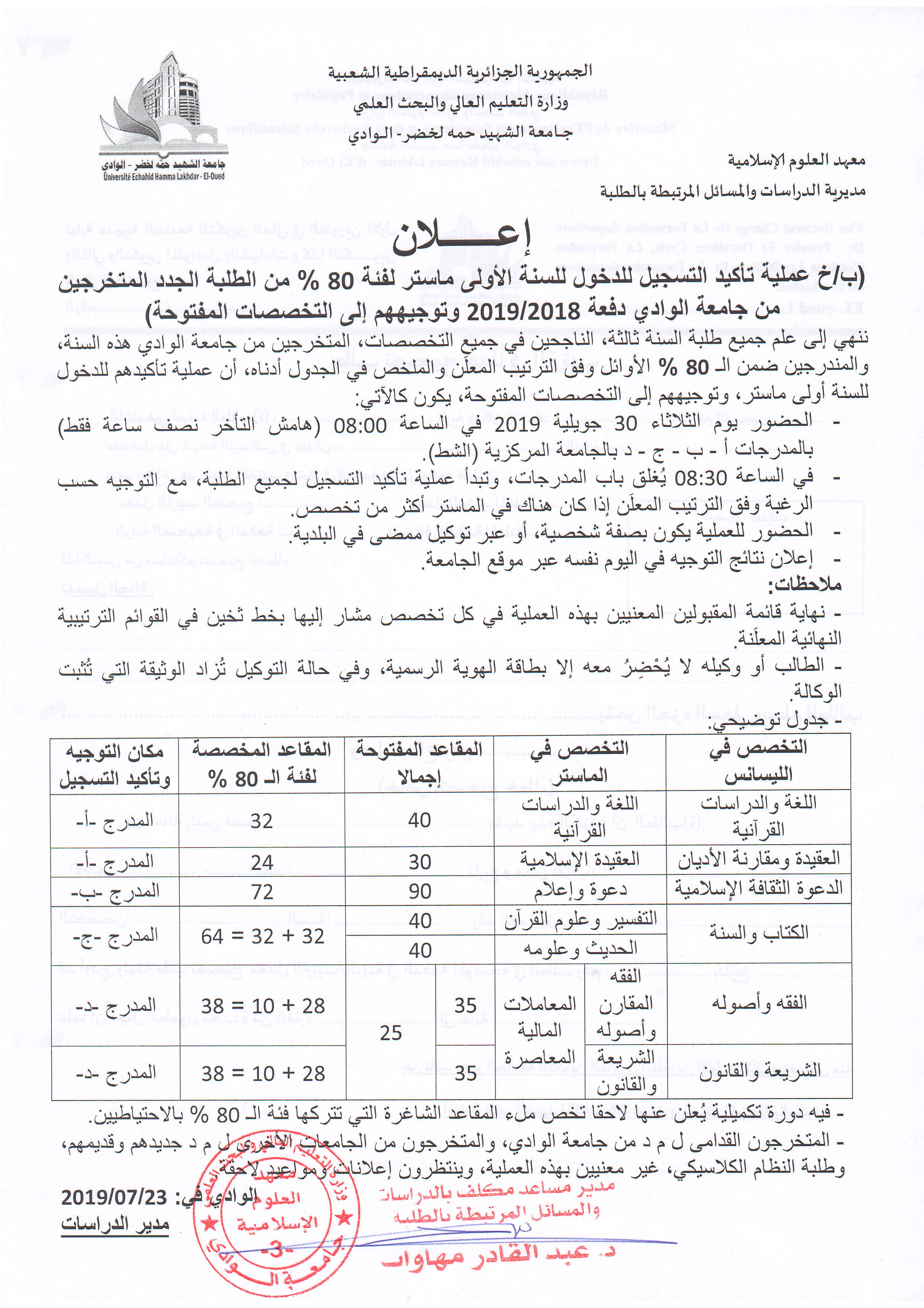 إعلان بخصوص عملية تأكيد التسجيل للدخول للسنة الأولى ماستر