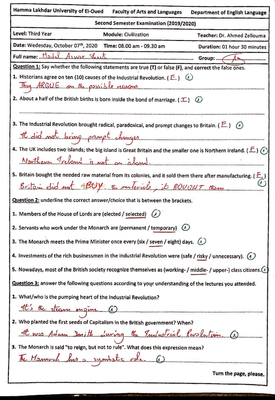 the model answers of the exam of the Study of Civilization1 (L3) (copie)