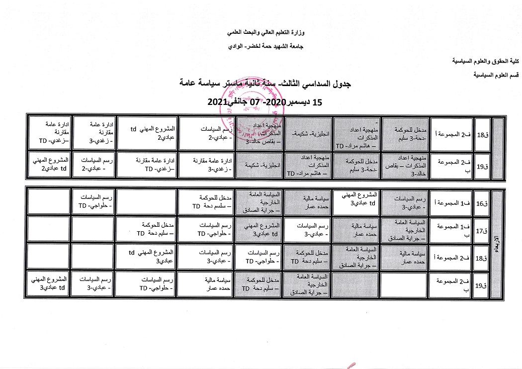 التوزيع الزمني 02 السنة الثانية ماستر من 20 ديسمبر الى 07 جانفي 2021