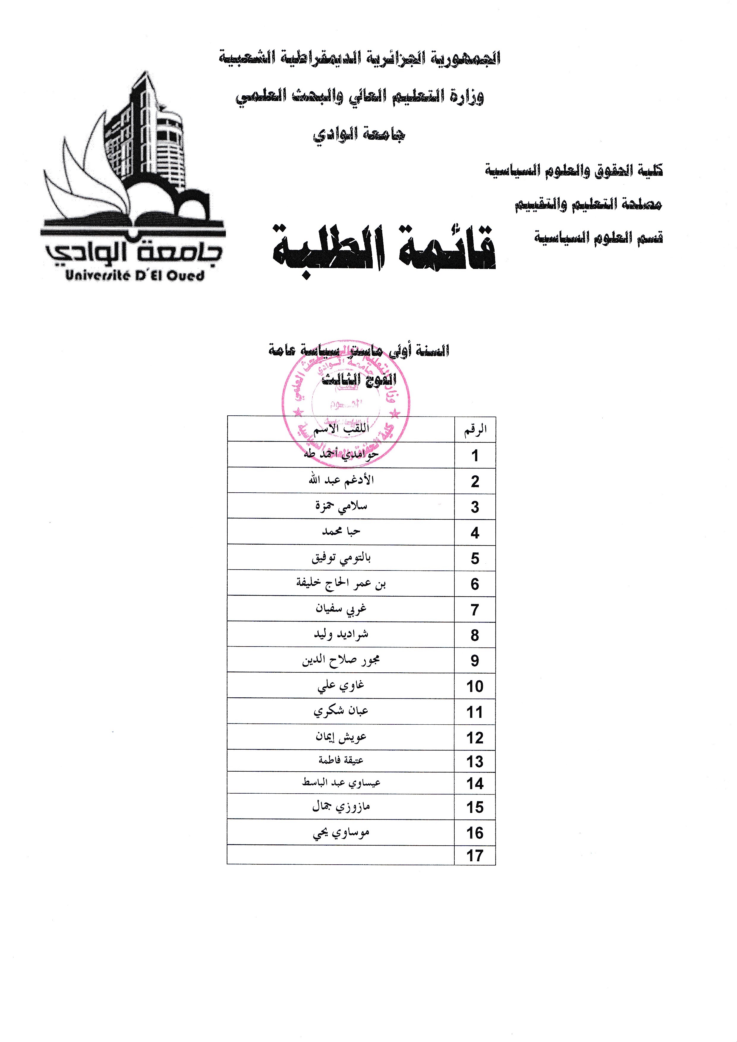 قائمة السنة الاولى ماستر الفوج الثالث