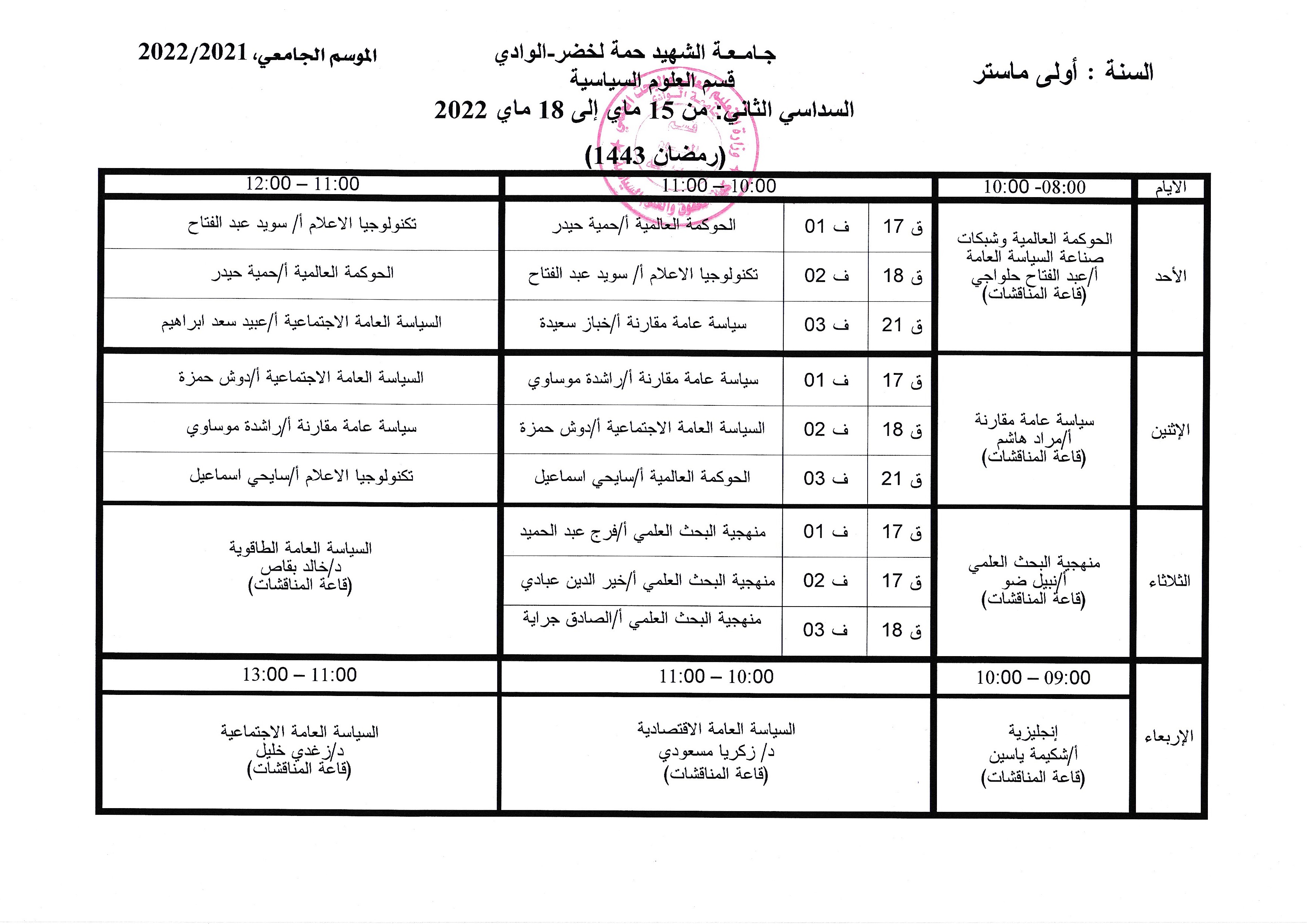 التوزيع الزمني السنة الاولى ماستر من 15 ماي إلى 18 ماي 2022