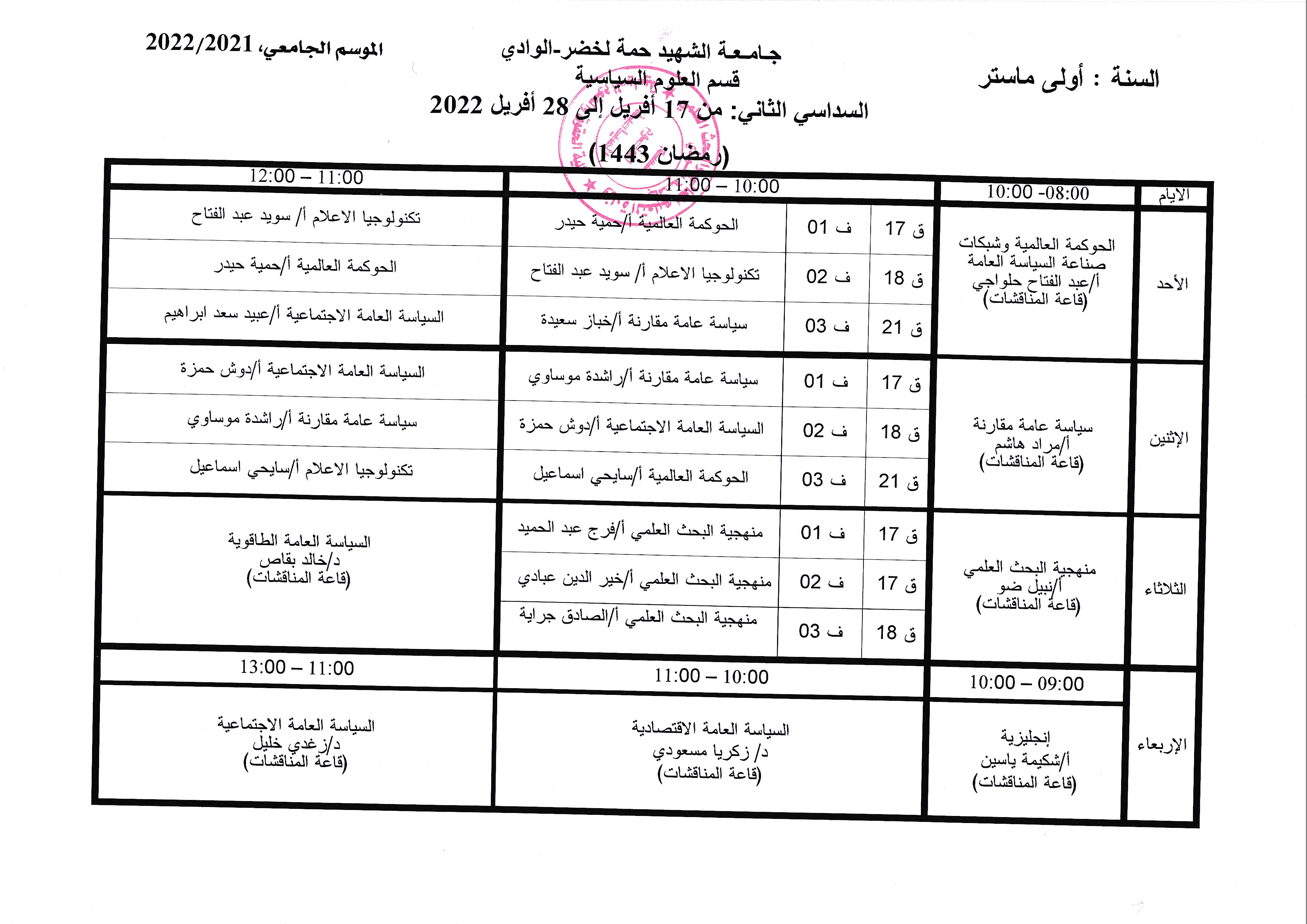 التوزيع الزمني السنة الاولى ماستر من 17 أفريل إلى 28 أفريل 2022