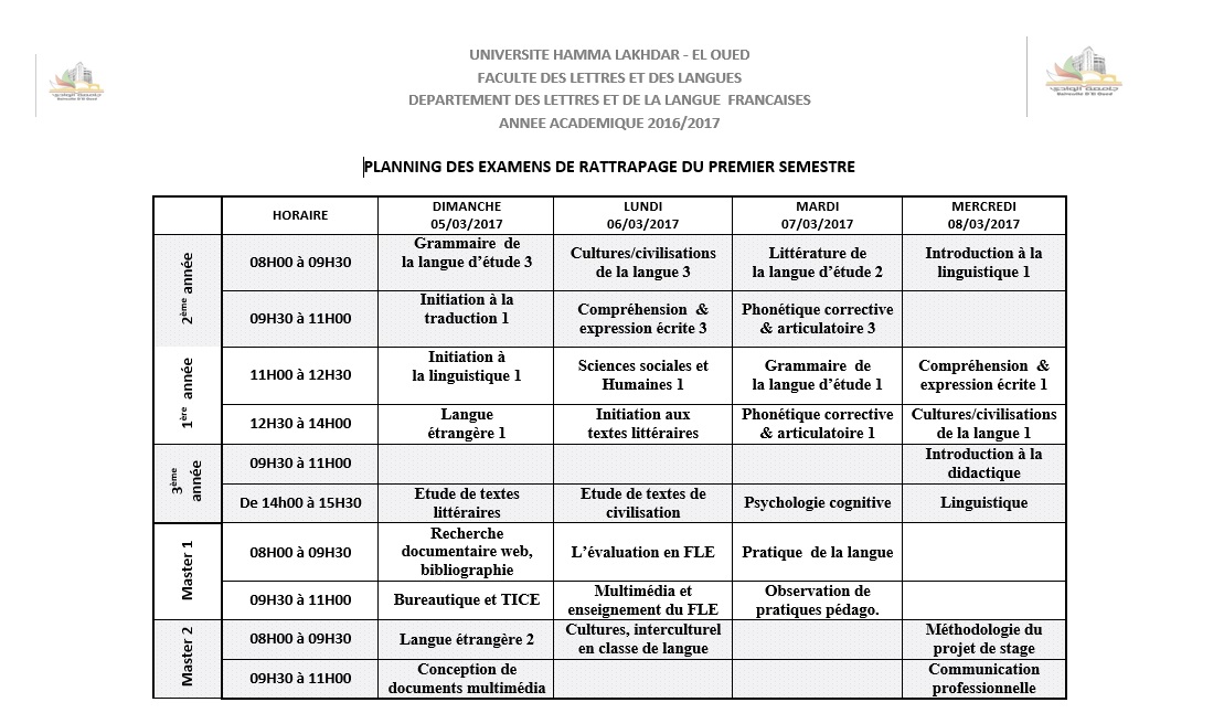 PLANNING DES EXAMENS DE RATTRAPAGE DU PREMIER SEMESTRE