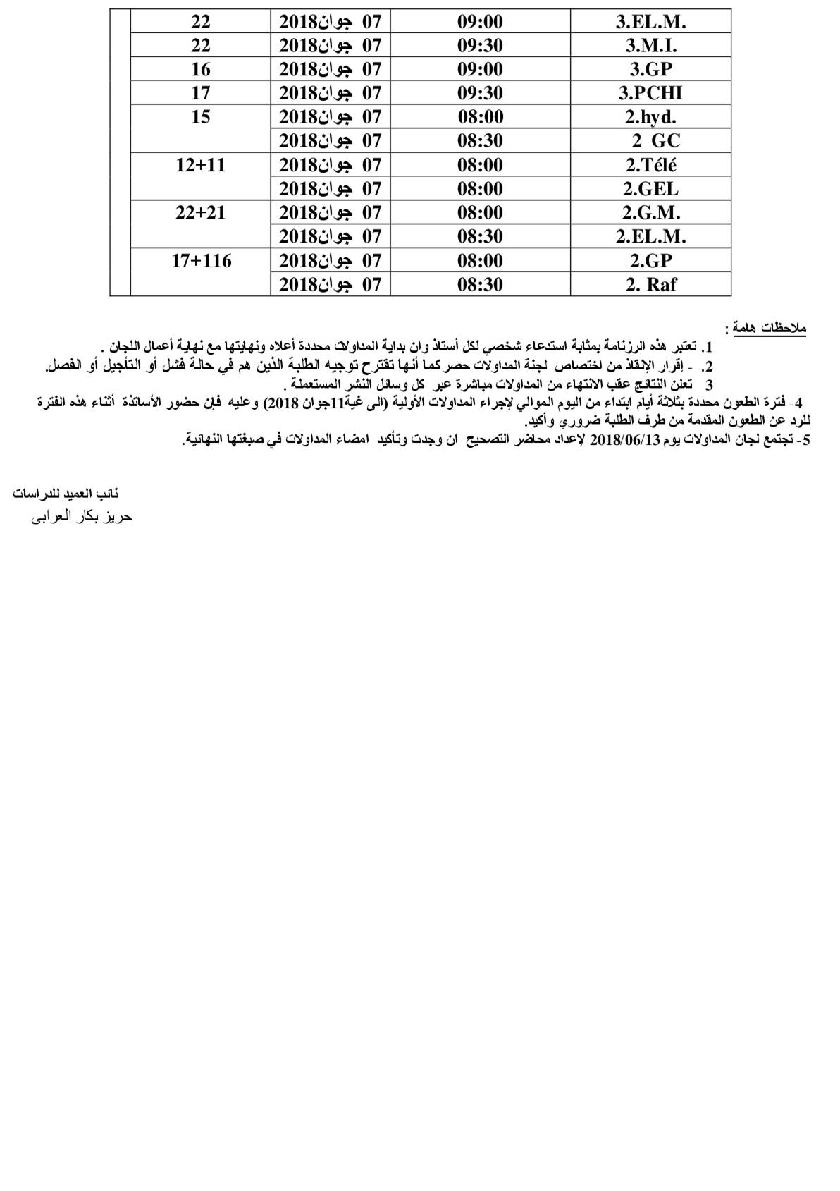 رزنامة المداولات  للموسم الجامعي--- 2-2017-2018