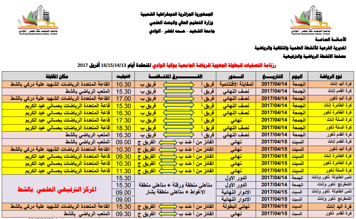 رزنامة التصفيات النهائيةللبطولة الجهوية الجامعية2017